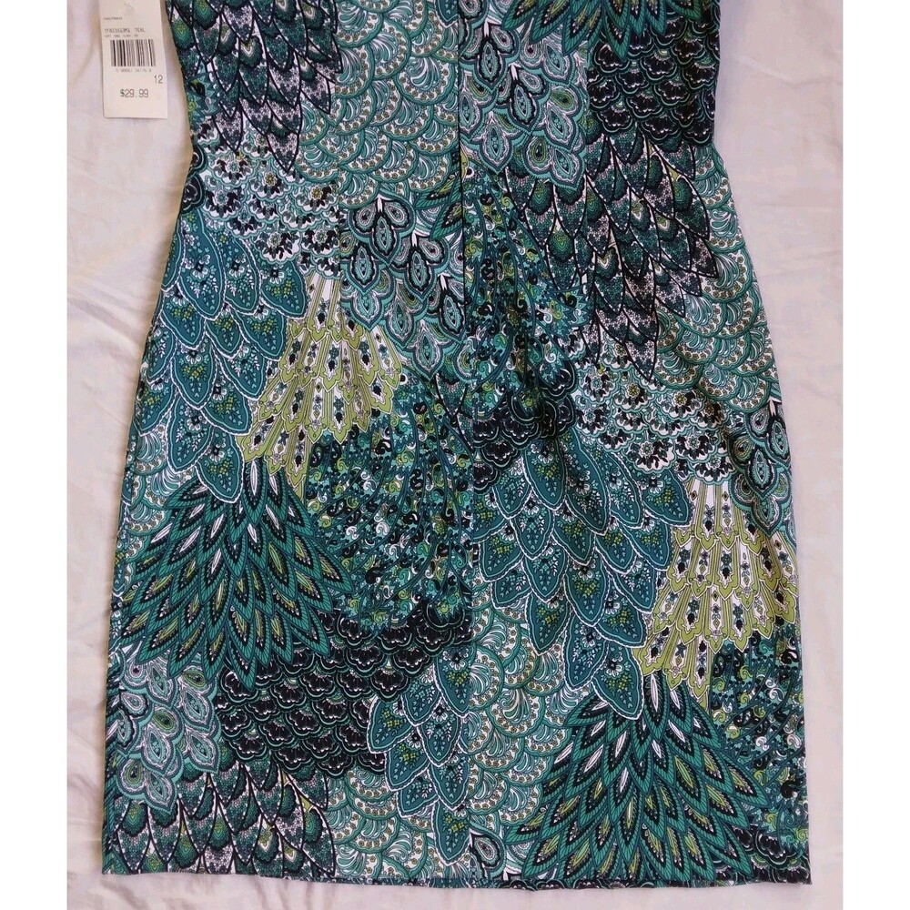 NWT Connected Apparel Sheath Dress Teal Peacock Feather Paisley Print Women's 12 - Picture 9 of 10